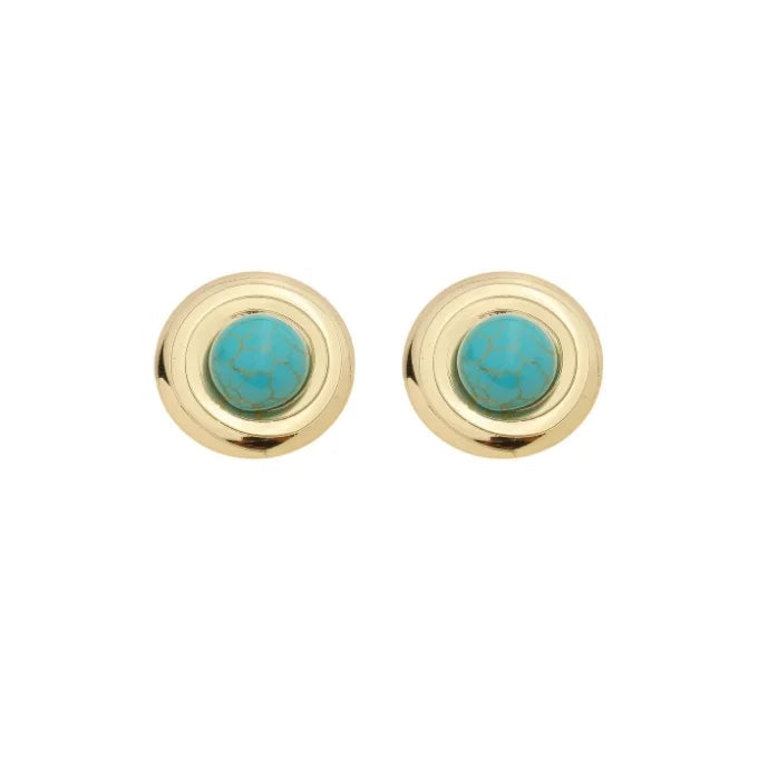 brinco dourado feminino pedra turquesa design redondo moderno