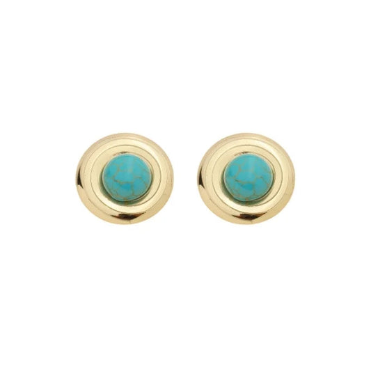 brinco dourado feminino pedra turquesa design redondo moderno