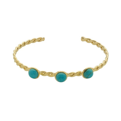 bracelete dourado feminino com três pedras turquesa design torcido