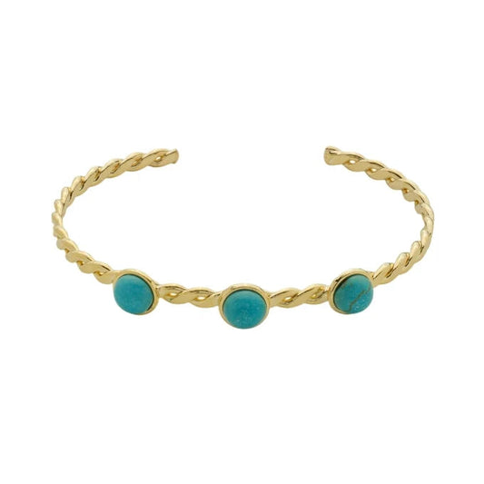 bracelete dourado feminino com três pedras turquesa design torcido