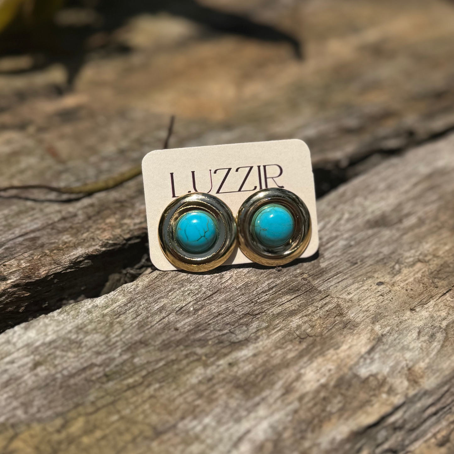 brinco dourado feminino pedra turquesa design redondo moderno